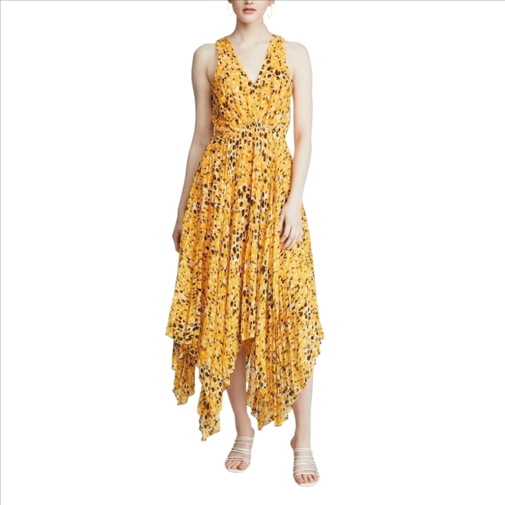 DEREK LAM | Pleated V-Neck Midi Dress in Yellow ~ Size US 0